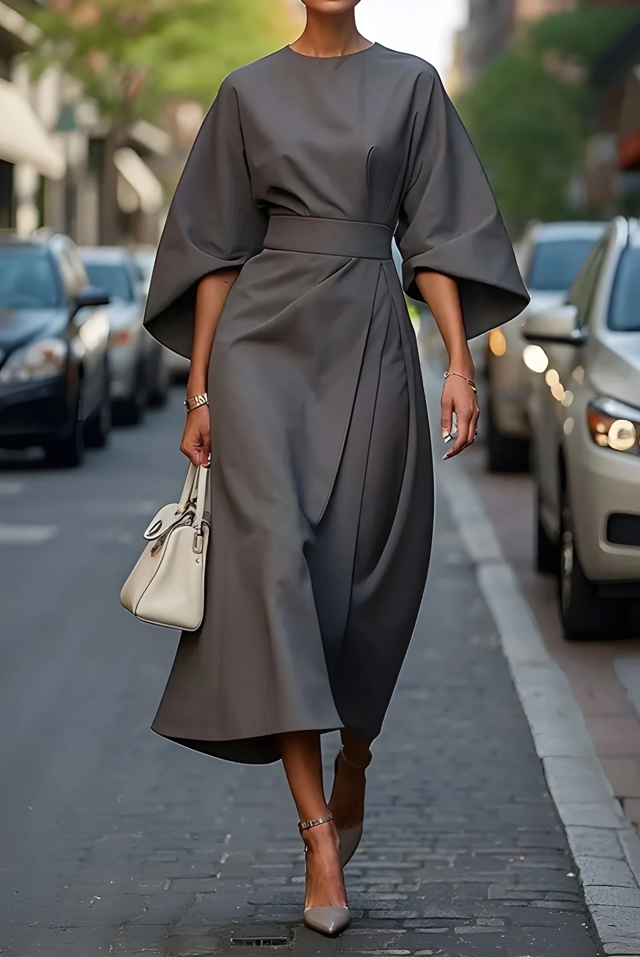 Women's Casual Elegant Midi Summer Dress with Puff Sleeve and High Neck