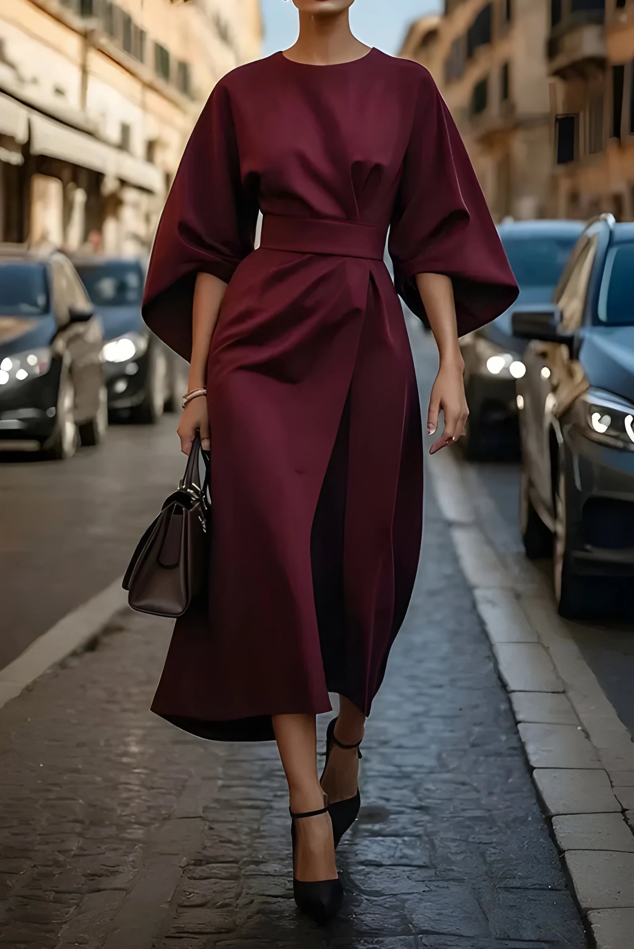 Women's Casual Elegant Midi Summer Dress with Puff Sleeve and High Neck