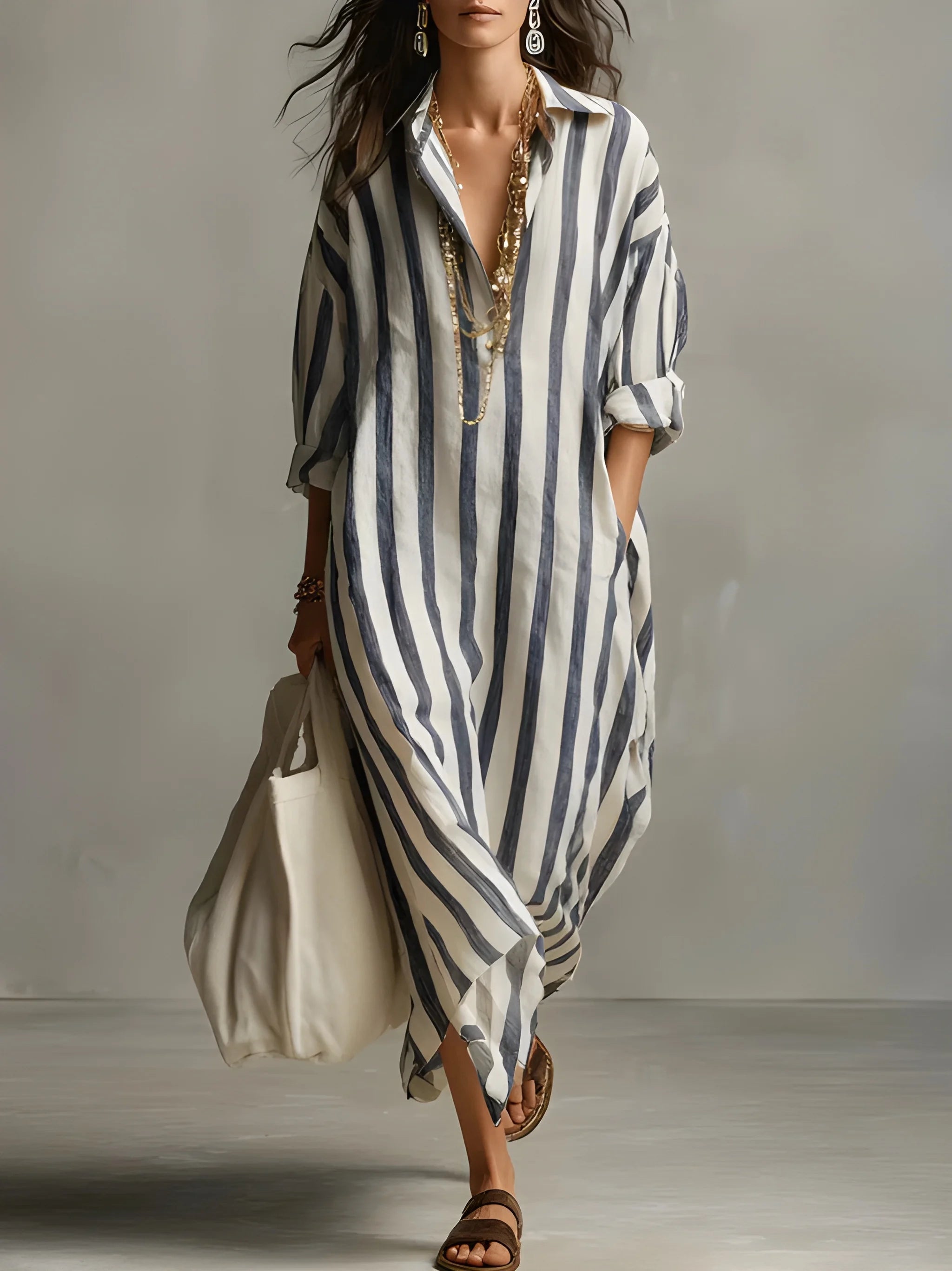 Women's Casual Loose Maxi Summer Dress with V-Neck