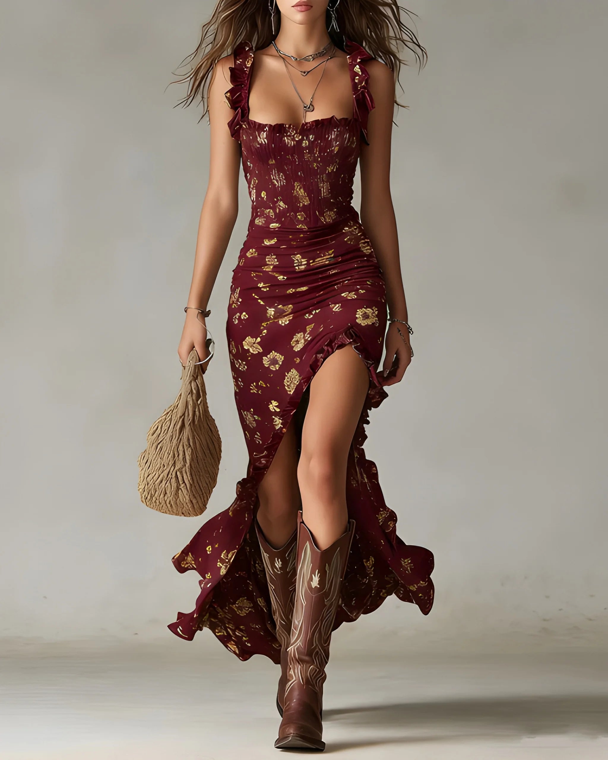 Women's Floral Boho Maxi Summer Dress with Ruffle and Slit