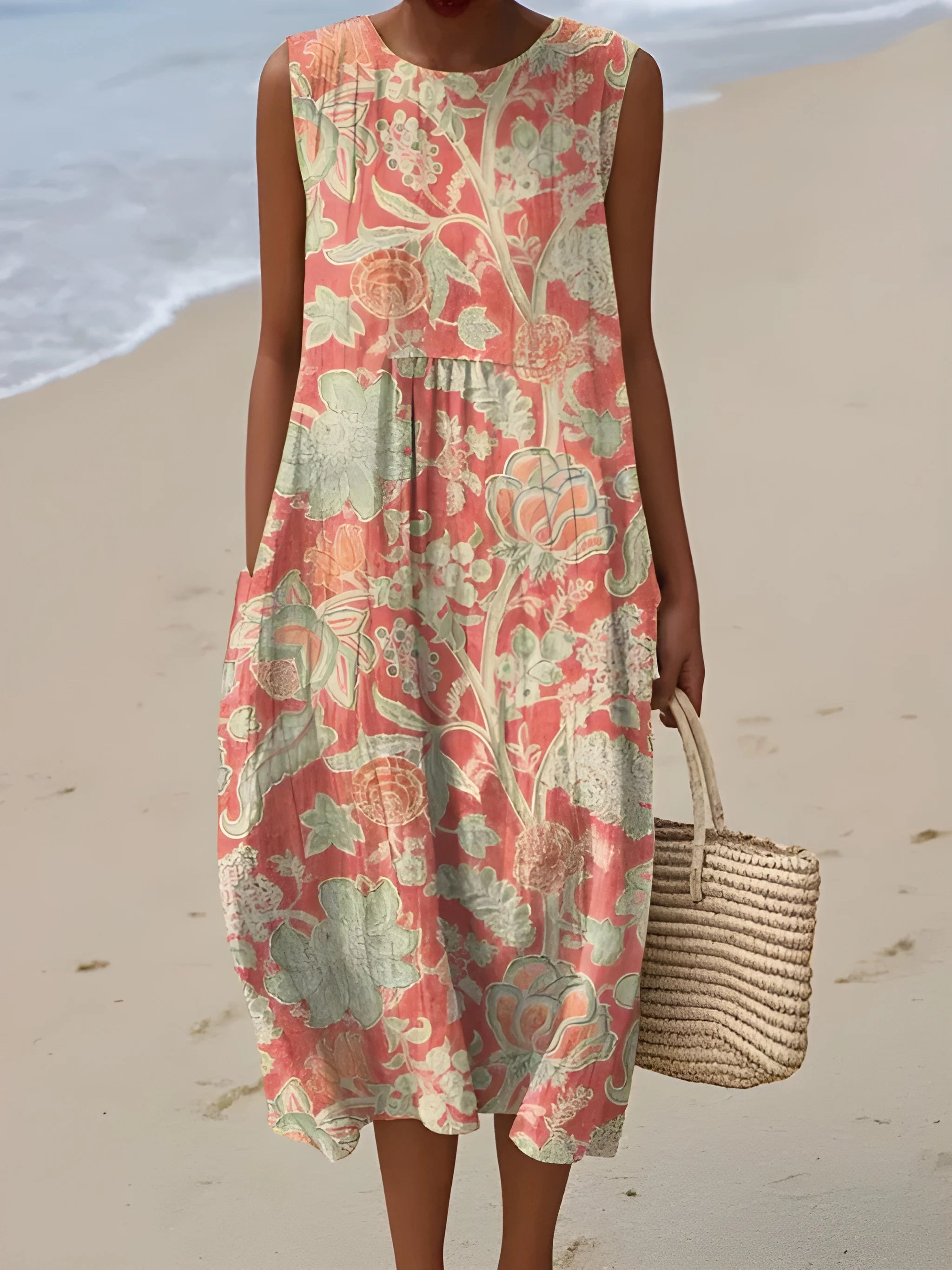 Women's Printed Casual Midi Summer Dress with Round Neck