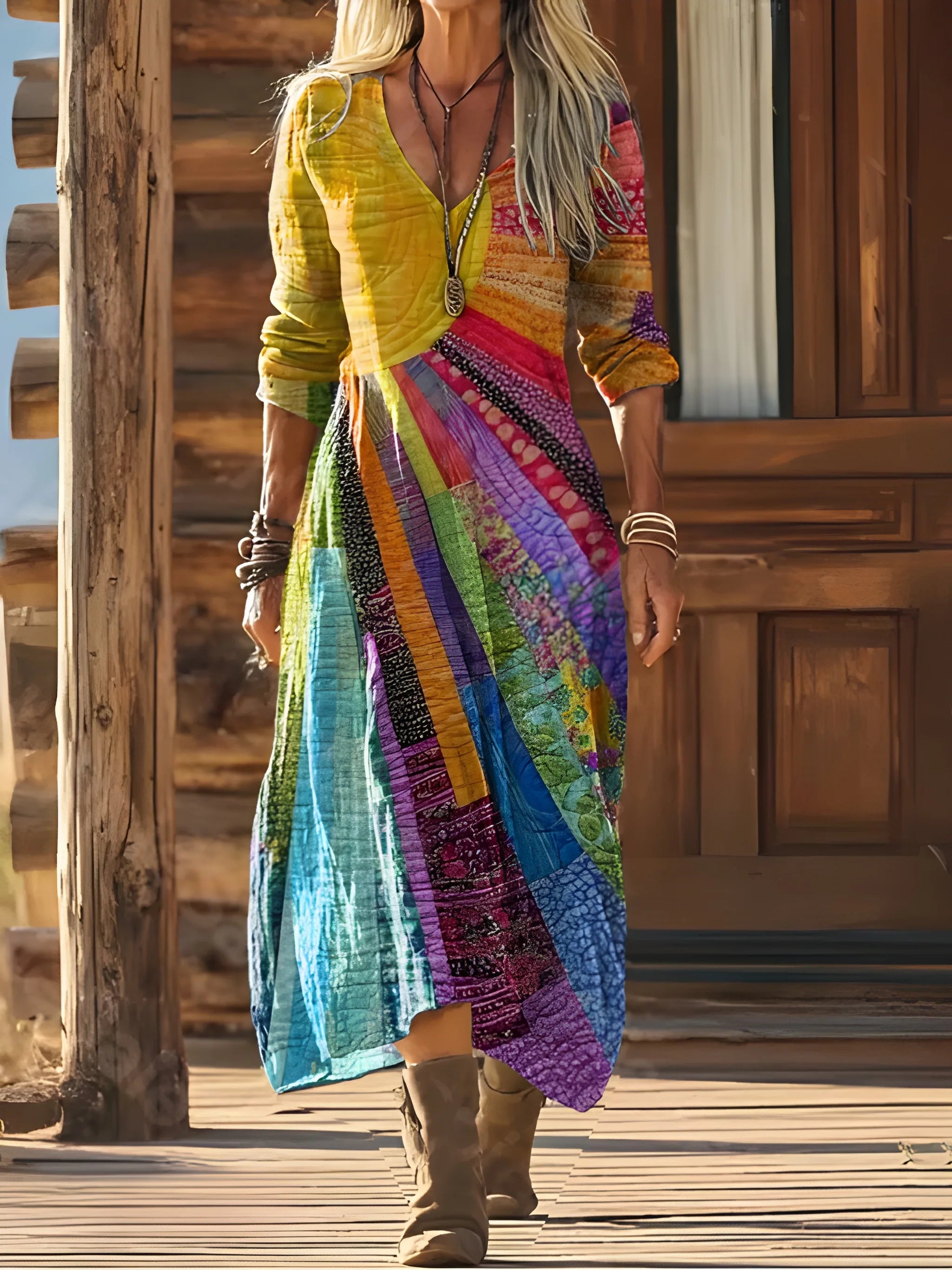 Women's Casual Boho Midi Summer Dress with Long Sleeve and Short Sleeve