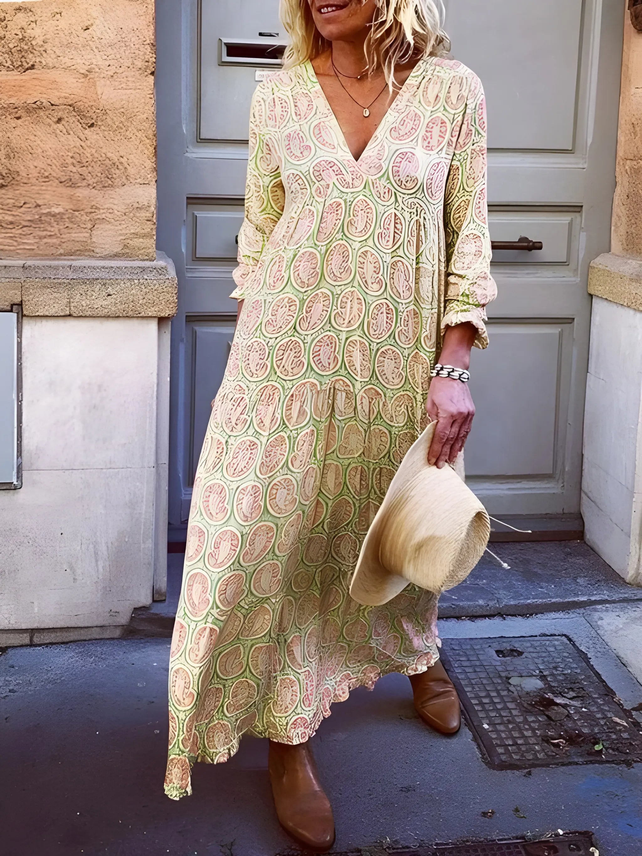 Women's Printed Flowy Maxi Summer Dress with V-Neck