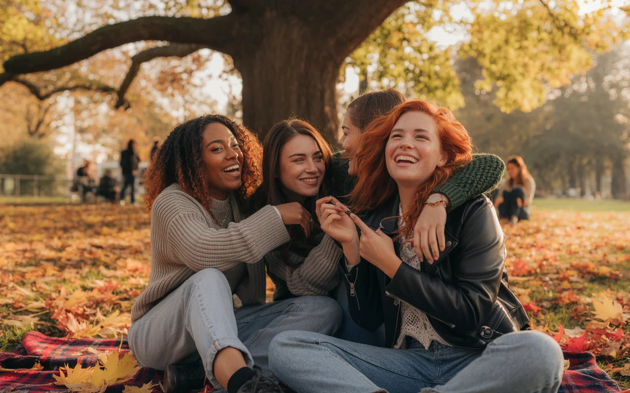 Three friends sitting on a blanket in a park with autumn leaves