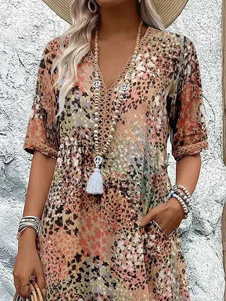 Women's Boho Midi Summer Dress with V-Neck
