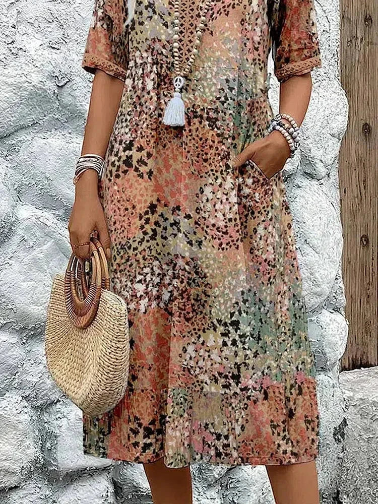 Women's Boho Midi Summer Dress with V-Neck