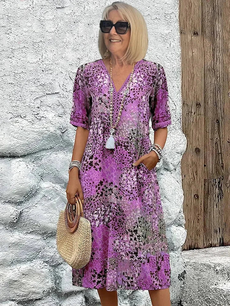 Women's Boho Midi Summer Dress with V-Neck