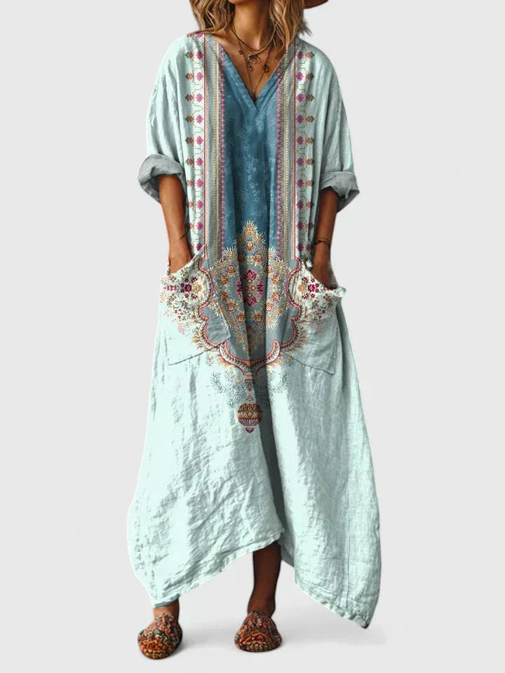 Women's Boho Printed Maxi Summer Dress with V-Neck