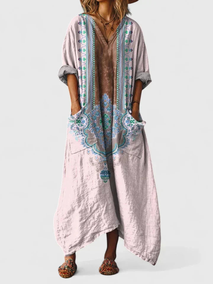 Women's Boho Printed Maxi Summer Dress with V-Neck
