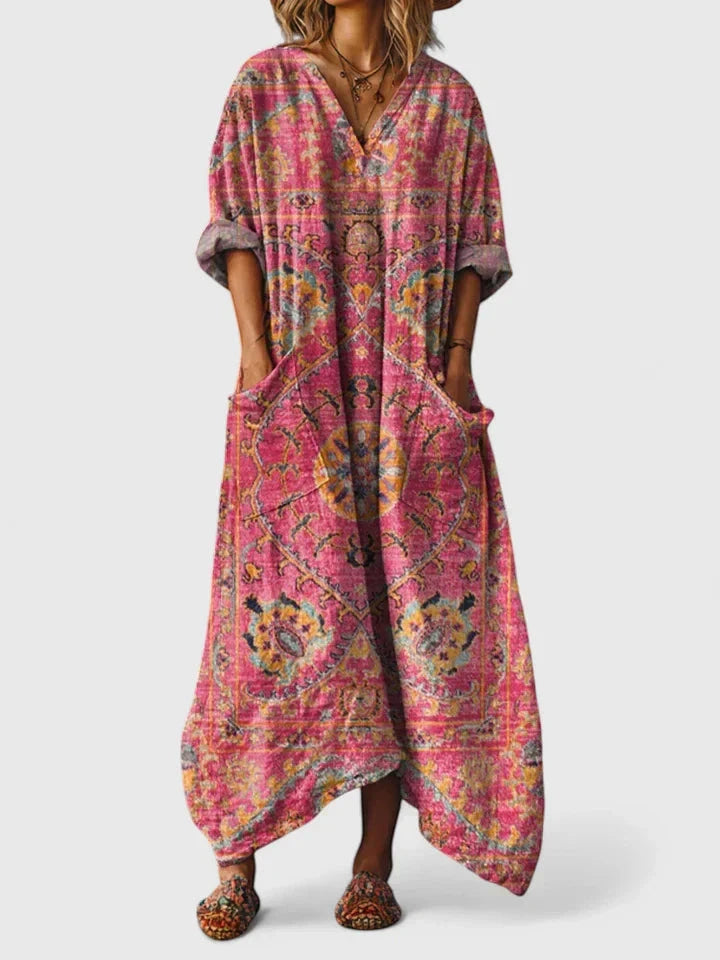 Women's Boho Printed Maxi Summer Dress with V-Neck