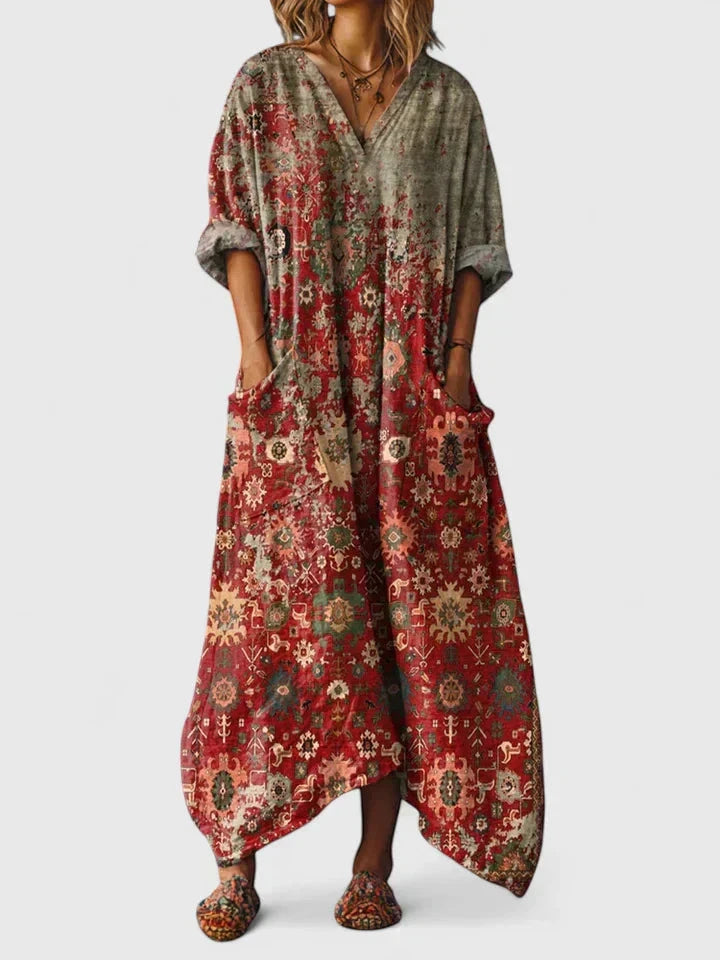 Women's Boho Printed Maxi Summer Dress with V-Neck