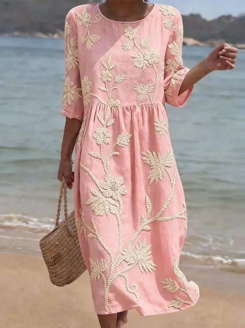 Women's Casual Floral Midi Summer Dress with 3/4 Sleeve