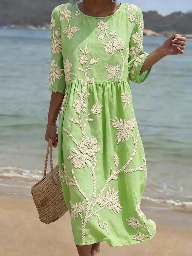 Women's Casual Floral Midi Summer Dress with 3/4 Sleeve