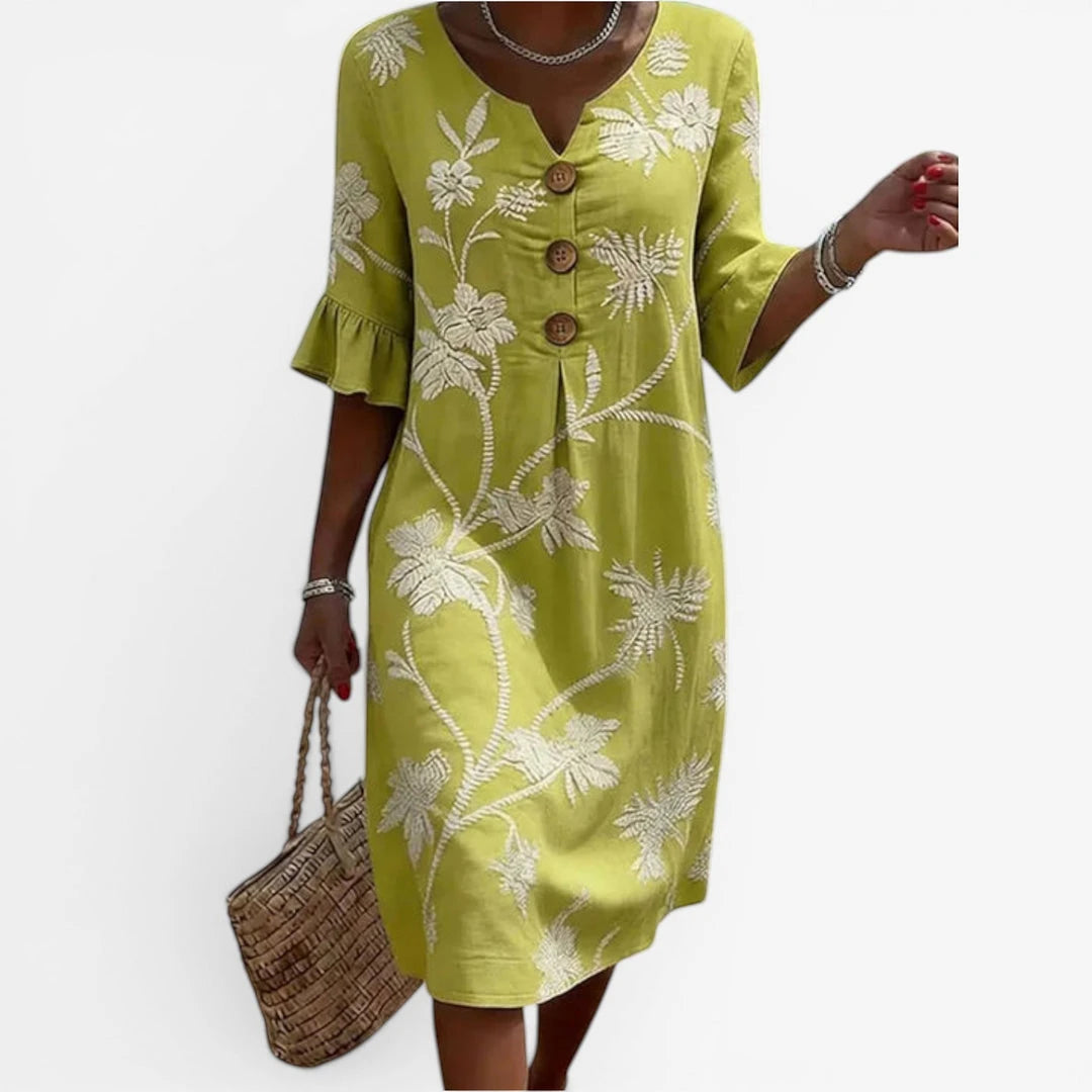 Women's Casual Floral Midi Summer Dress with V-Neck