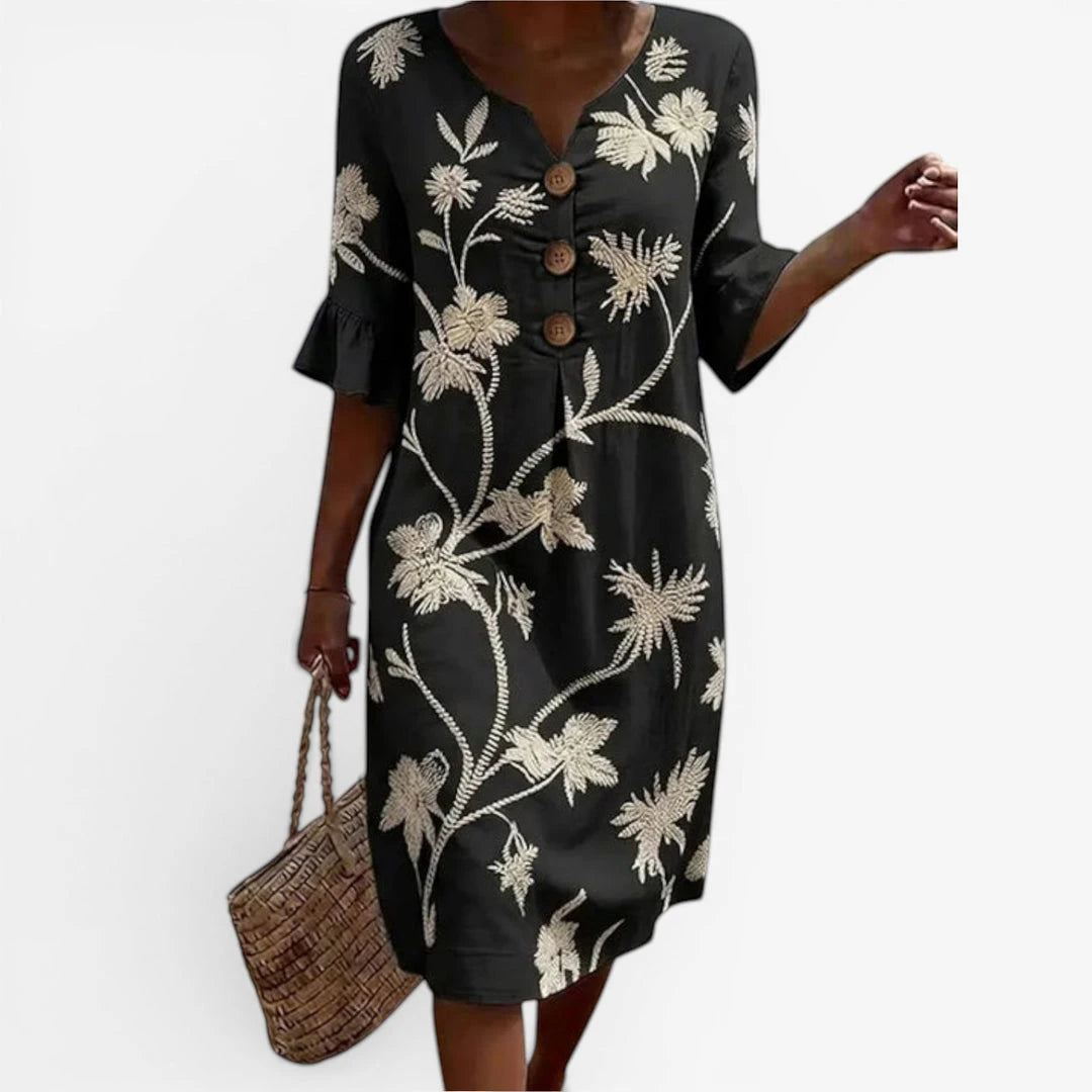 Women's Casual Floral Midi Summer Dress with V-Neck