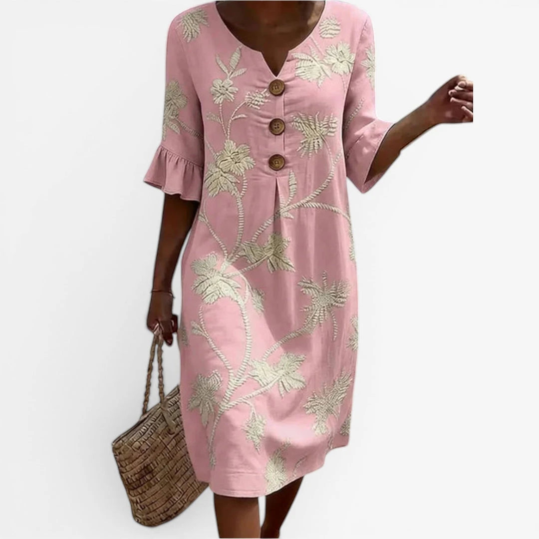 Women's Casual Floral Midi Summer Dress with V-Neck