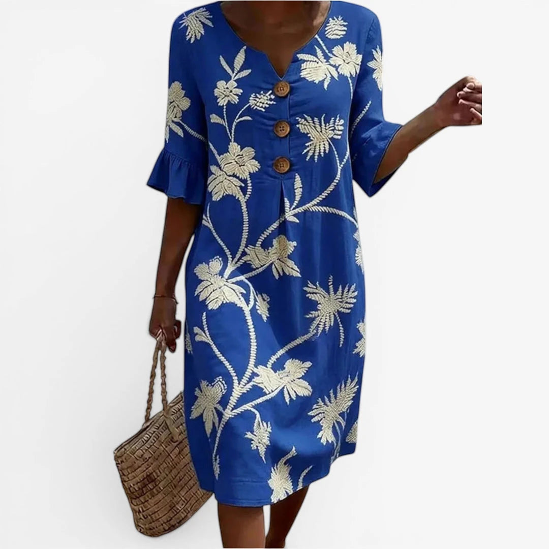Women's Casual Floral Midi Summer Dress with V-Neck