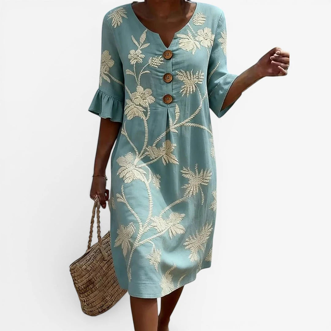 Women's Casual Floral Midi Summer Dress with V-Neck