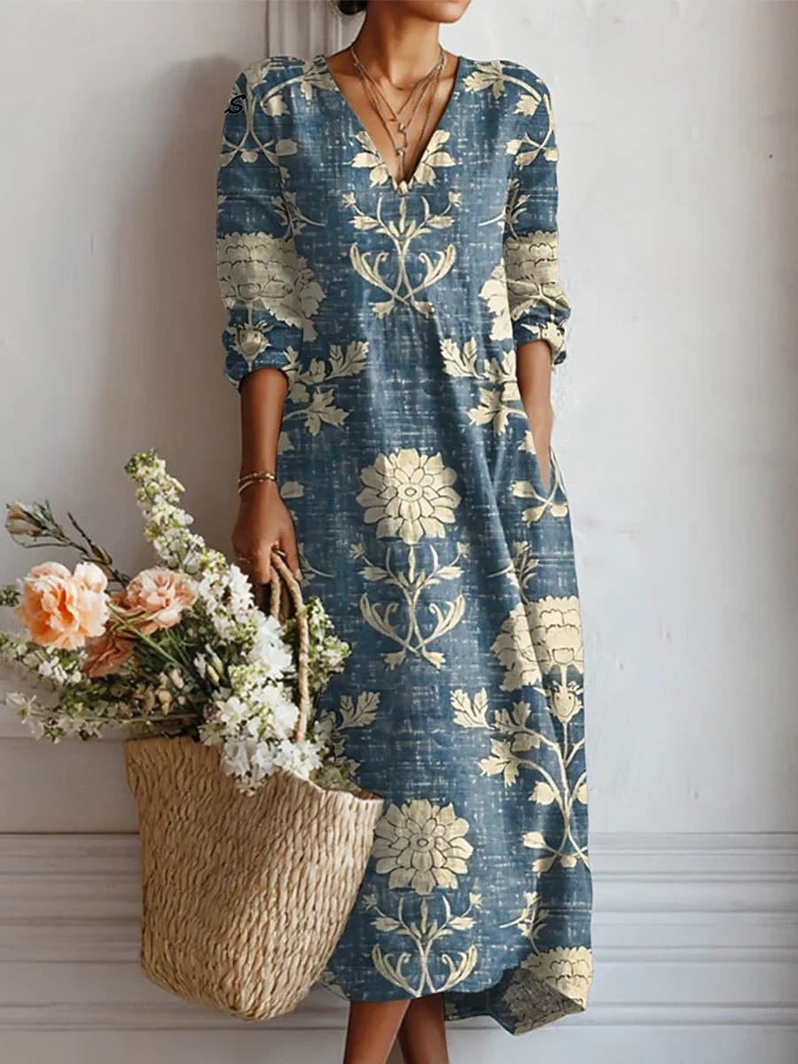 Women's Casual Floral Summer Midi Dress with V-Neck