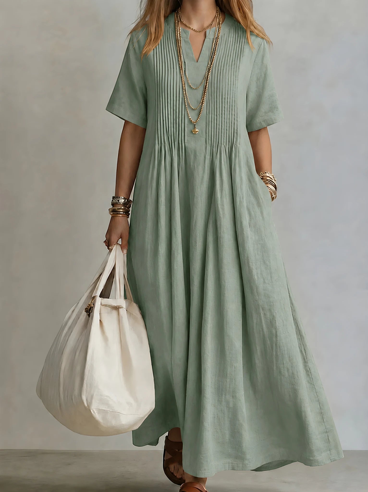 Women's Casual Flowy Maxi Summer Dress with Pleated Front