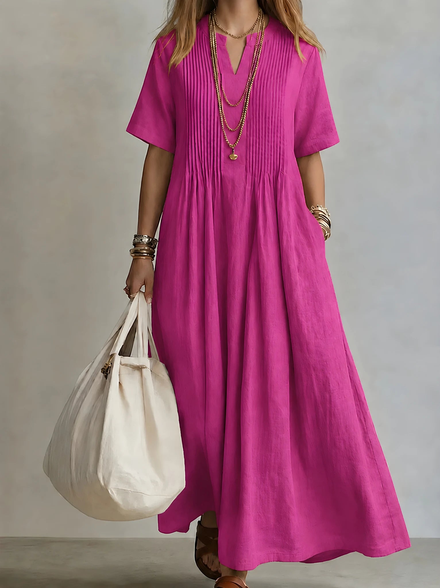 Women's Casual Flowy Maxi Summer Dress with Pleated Front