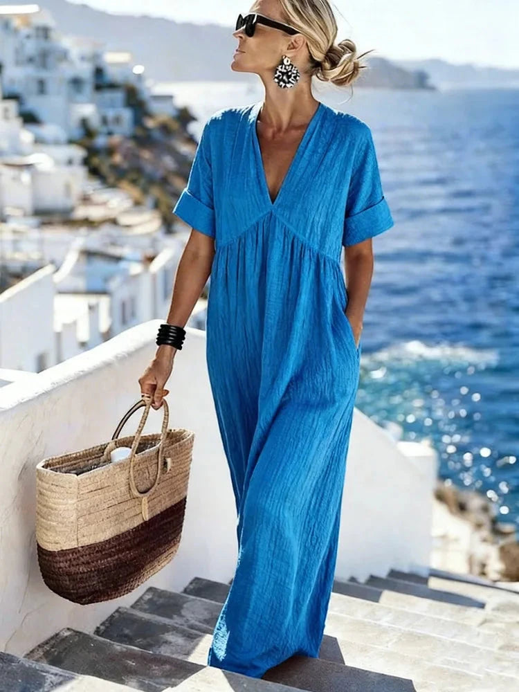 Women's Casual Flowy Maxi Summer Dress with V-Neck