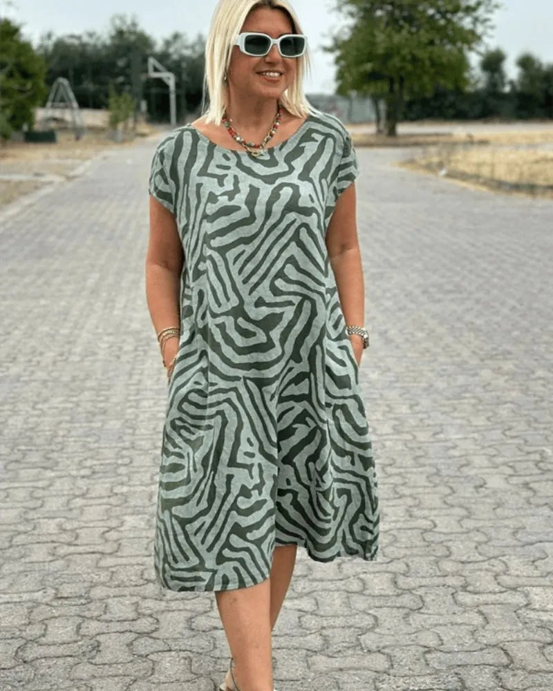 Women's Casual Loose Midi Summer Dress with Round Neck