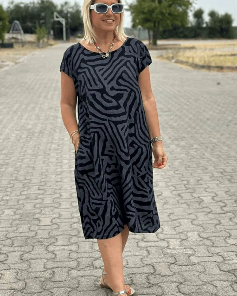 Women's Casual Loose Midi Summer Dress with Round Neck