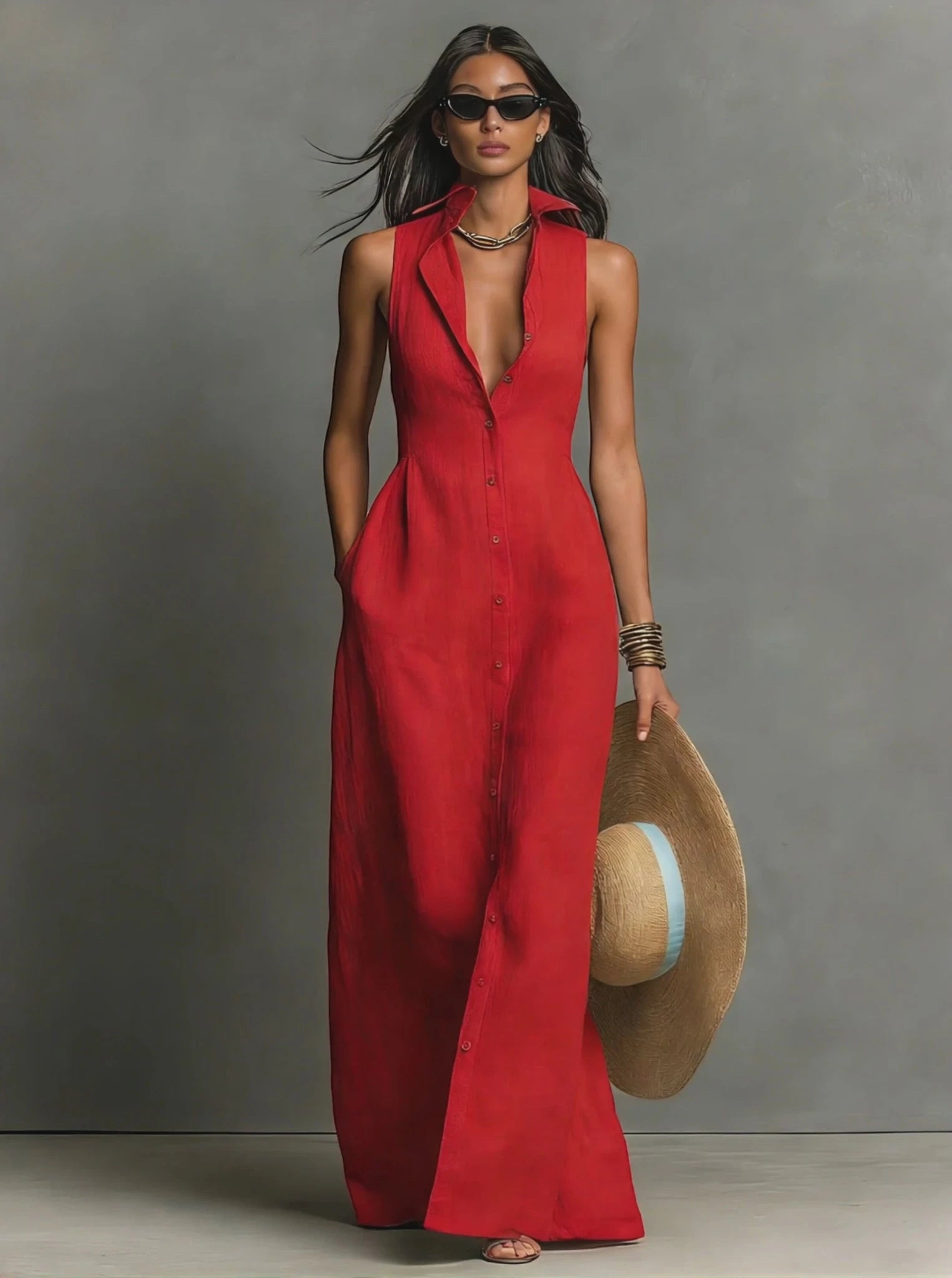 Women's Casual Maxi Summer Dress with Collared Neckline
