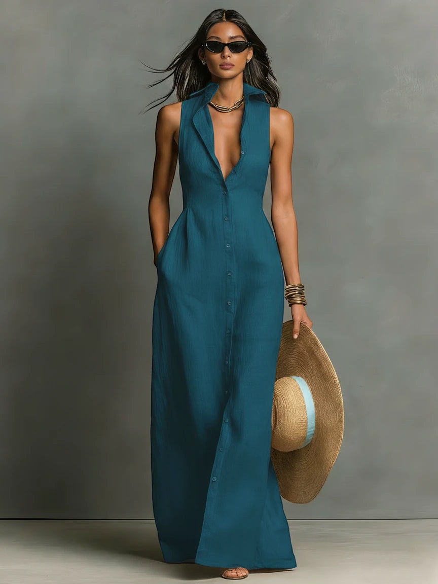 Women's Casual Maxi Summer Dress with Collared Neckline