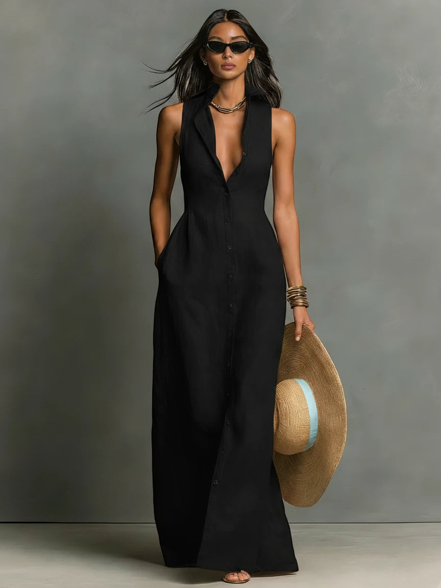 Women's Casual Maxi Summer Dress with Collared Neckline