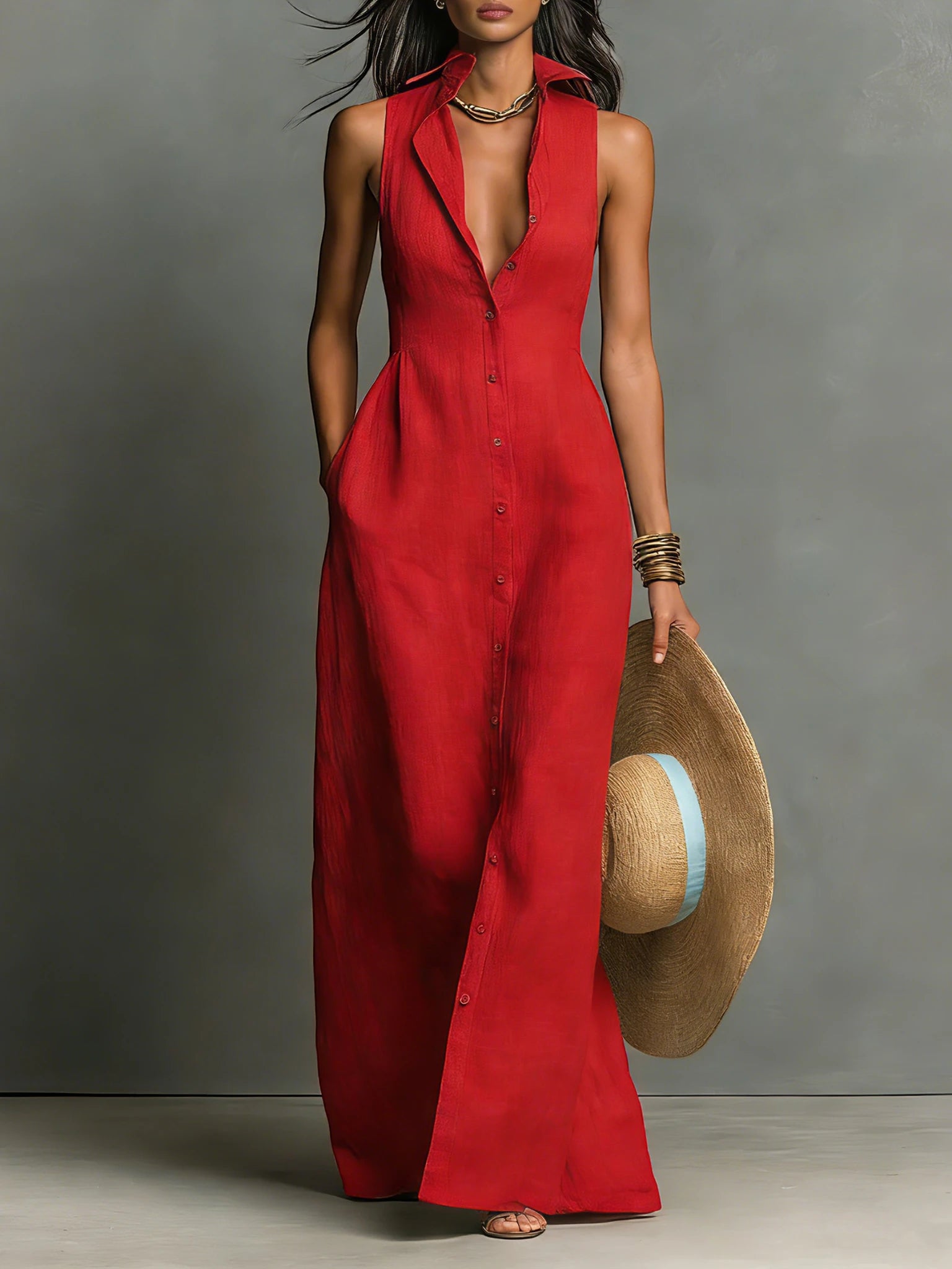 Women's Casual Maxi Summer Dress with Collared Neckline