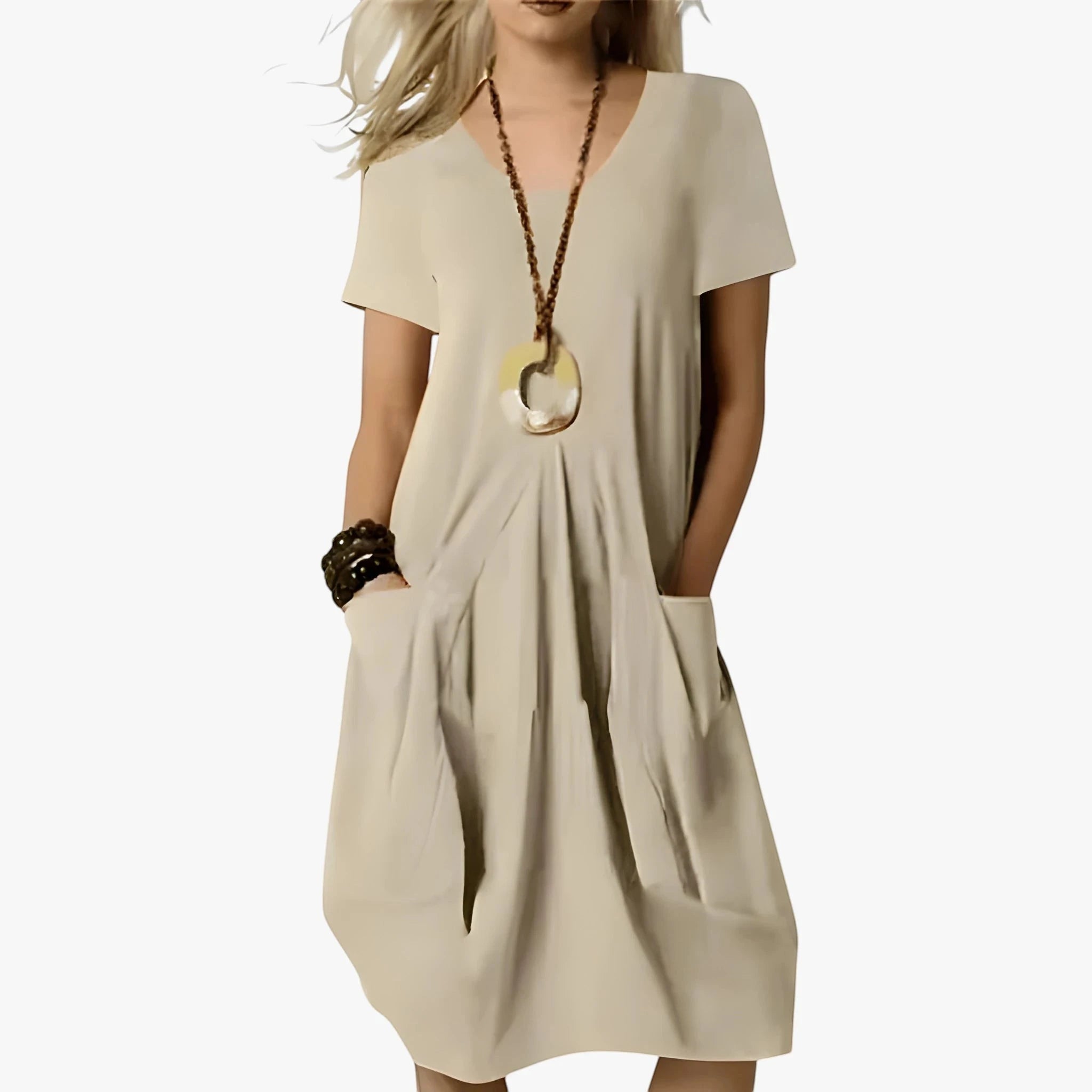 Women's Casual Midi Summer Dress with Scoop Neck and Side Pockets
