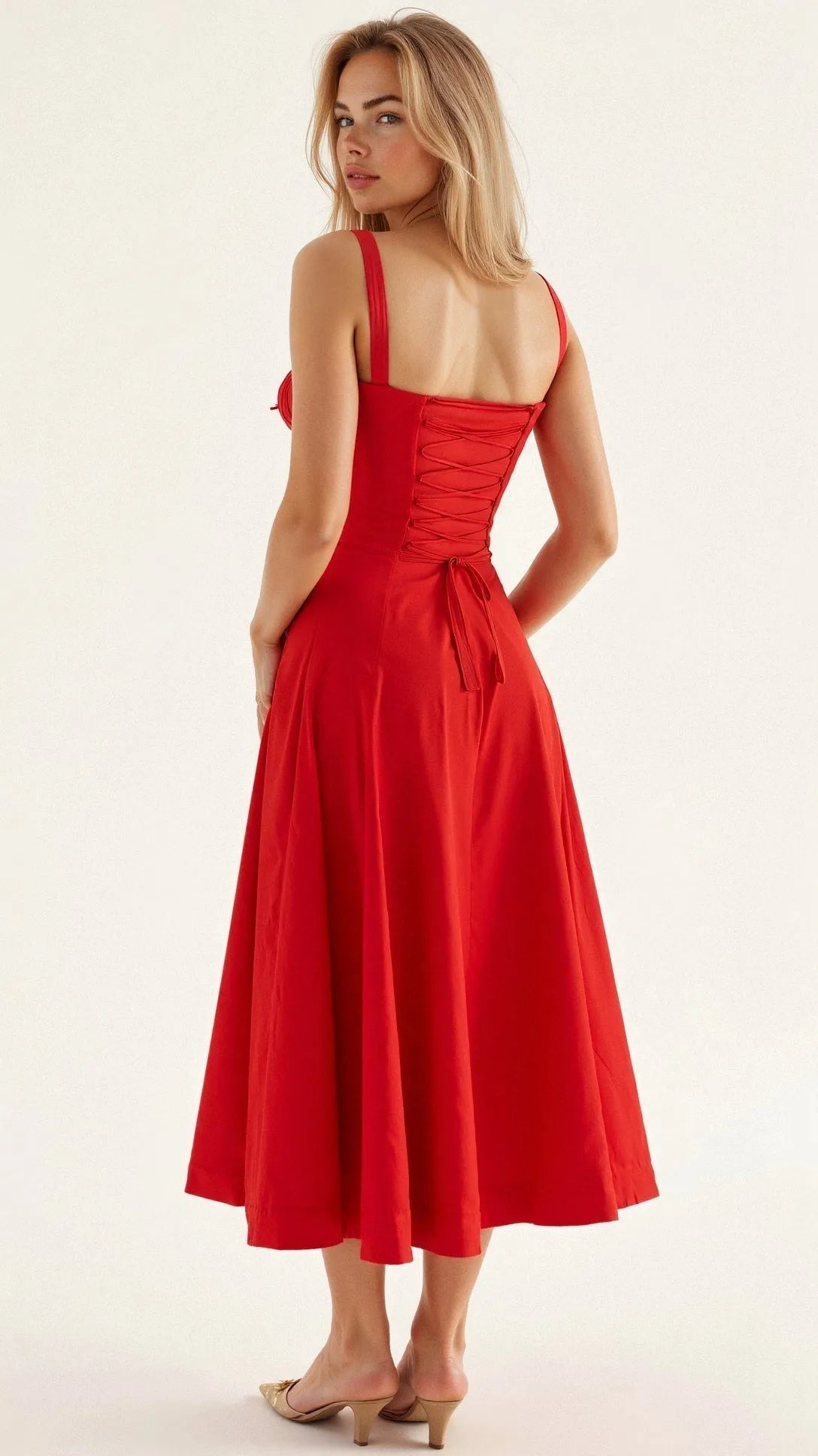 Women's Casual Midi Summer Dress with Sweetheart Neck and Slit