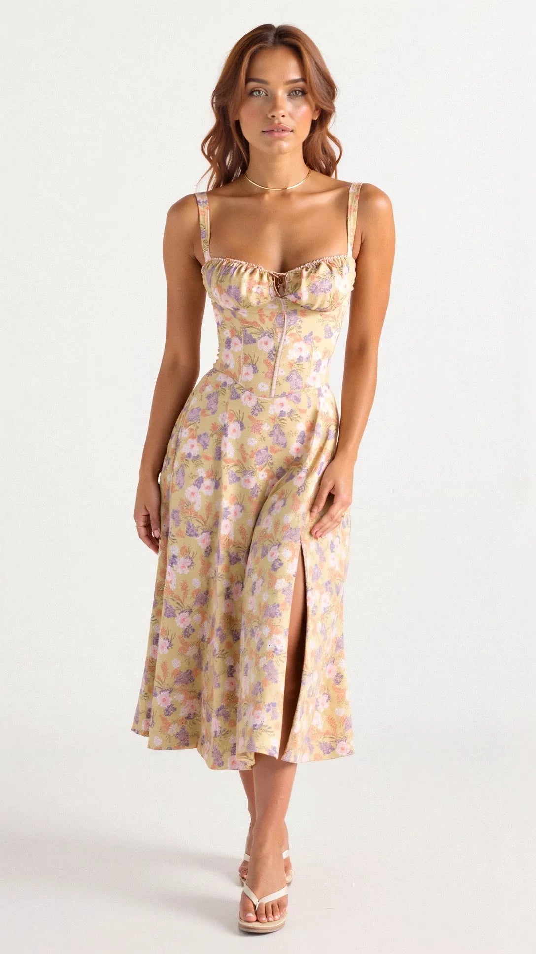 Women's Casual Midi Summer Dress with Sweetheart Neck and Slit