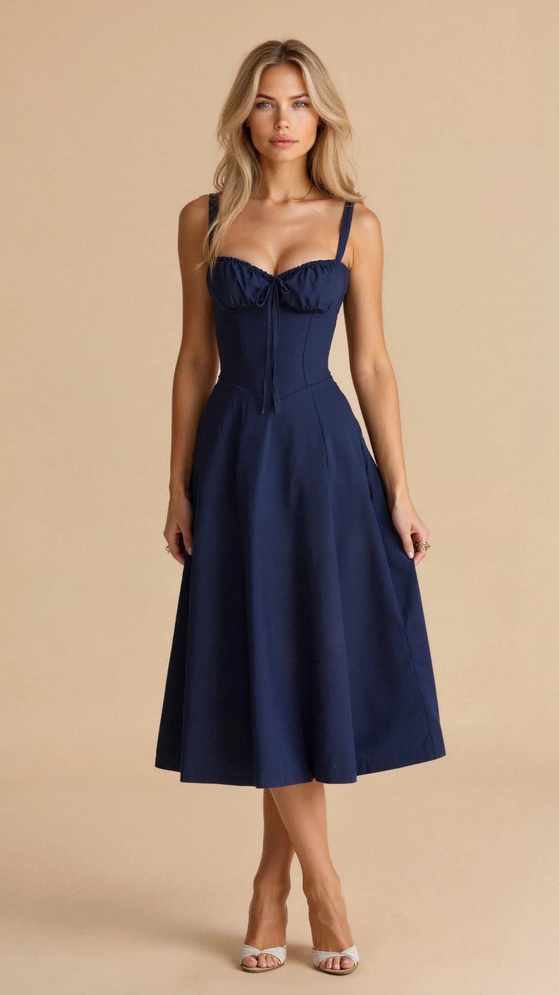 Women's Casual Midi Summer Dress with Sweetheart Neck and Slit