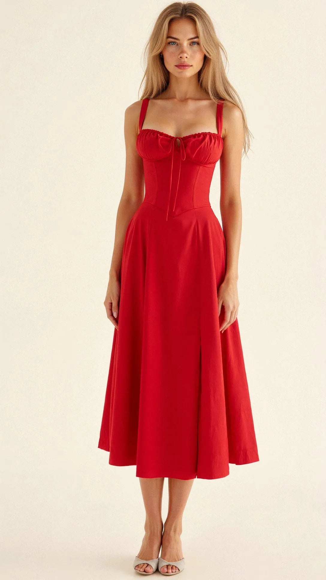 Women's Casual Midi Summer Dress with Sweetheart Neck and Slit