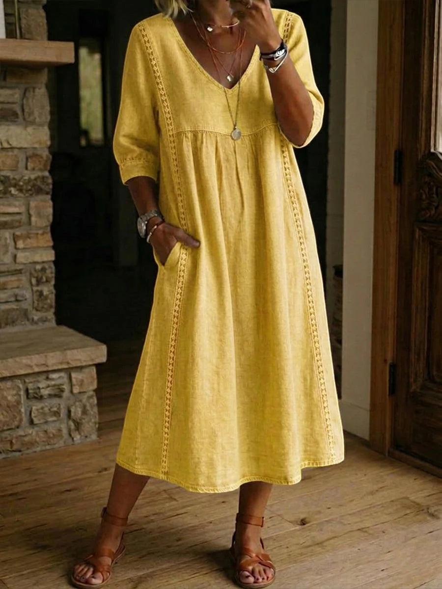Women's Casual Midi Summer Dress with V-Neck