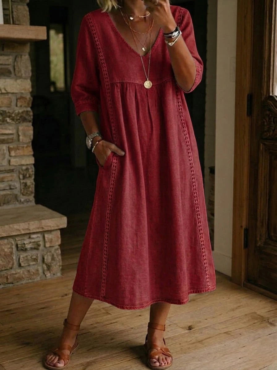 Women's Casual Midi Summer Dress with V-Neck