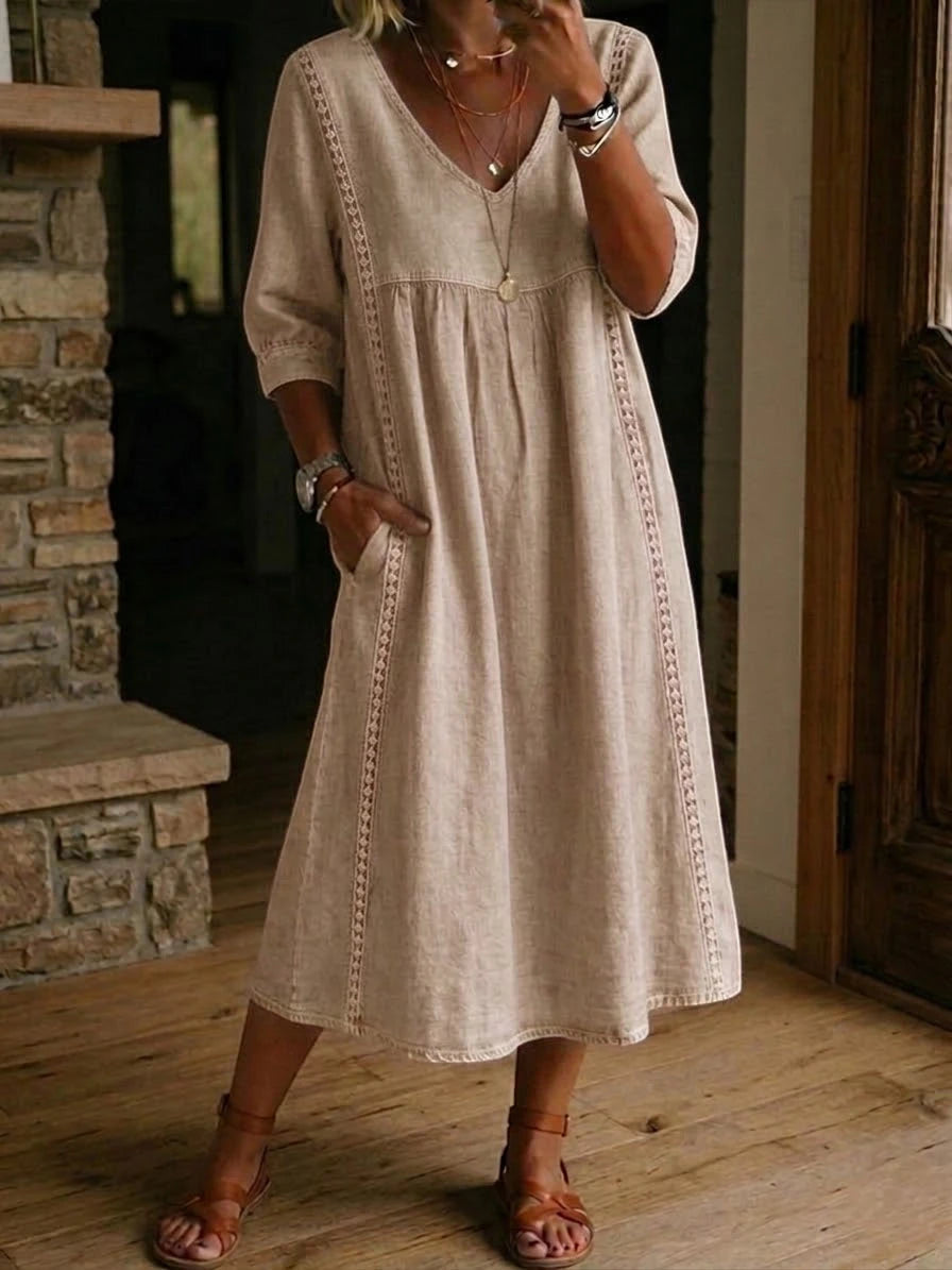 Women's Casual Midi Summer Dress with V-Neck