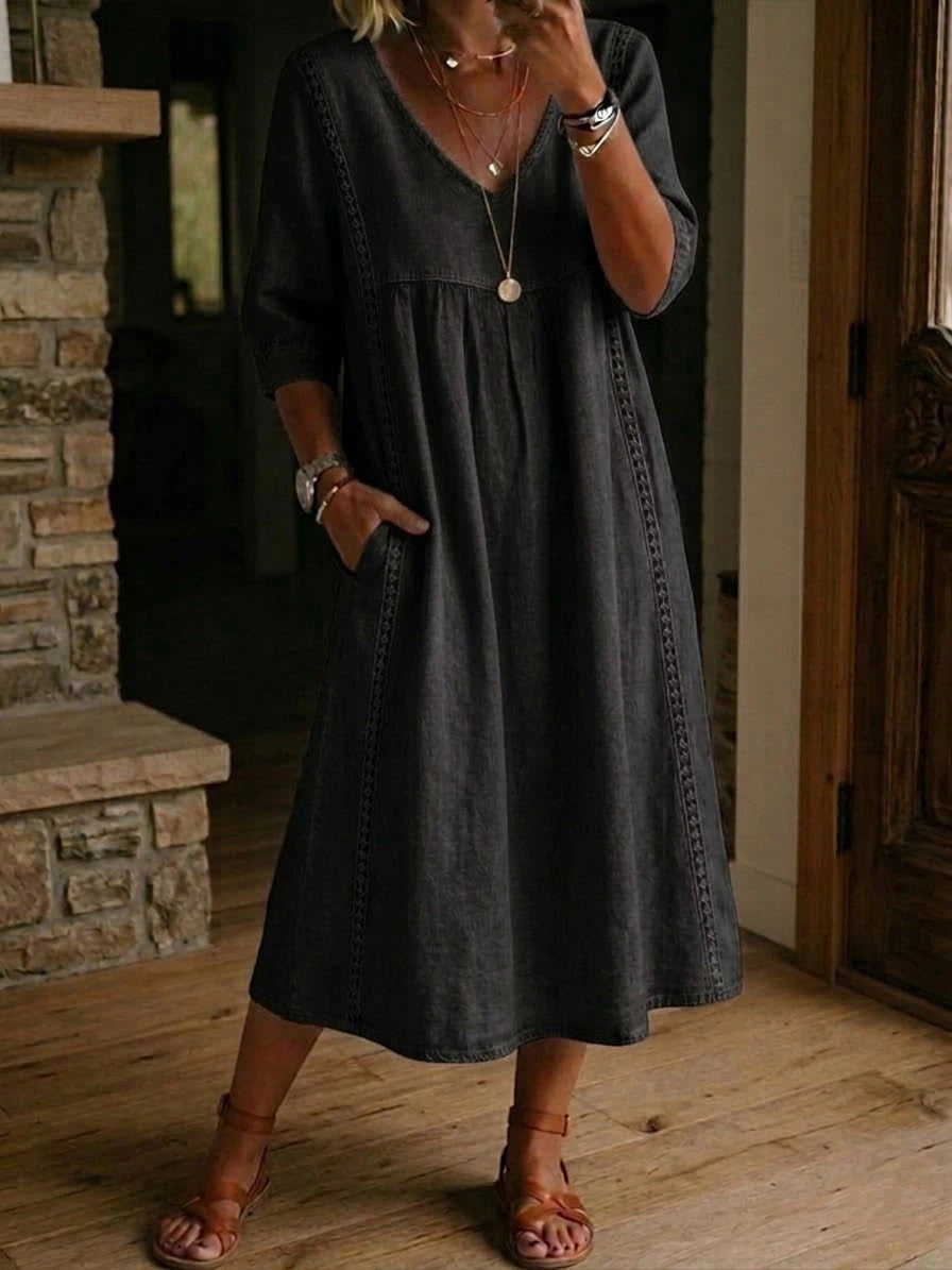 Women's Casual Midi Summer Dress with V-Neck