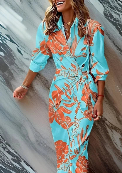 Women's Casual Midi Summer Dress with V-Neck and Long Sleeve