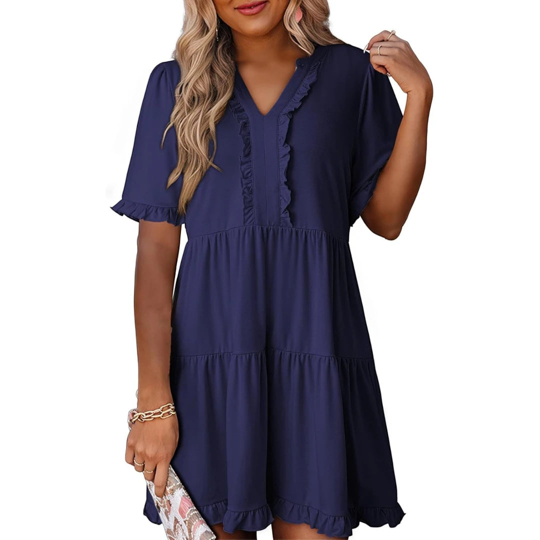 Women's Casual Mini  Summer Dress with V-Neck and Ruffle Trim