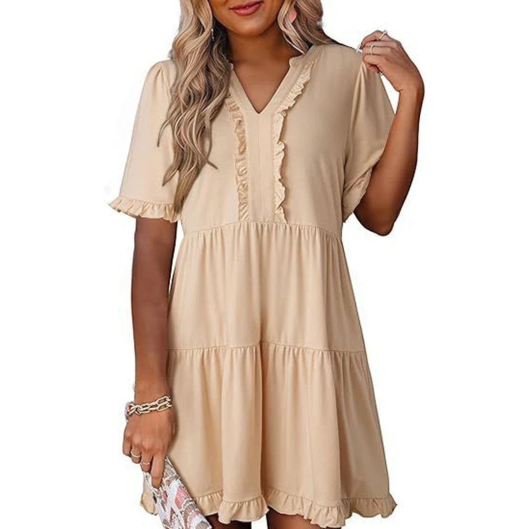Women's Casual Mini  Summer Dress with V-Neck and Ruffle Trim