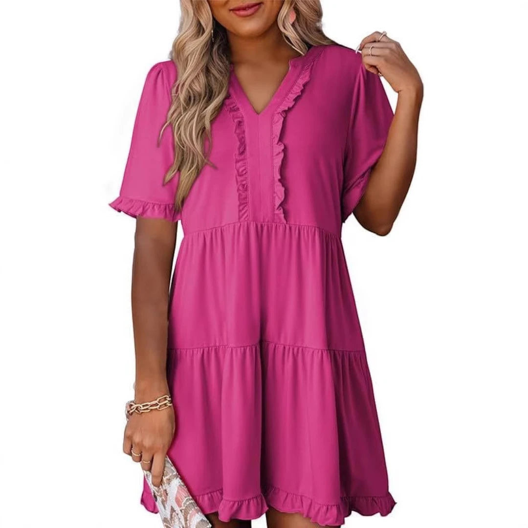 Women's Casual Mini  Summer Dress with V-Neck and Ruffle Trim