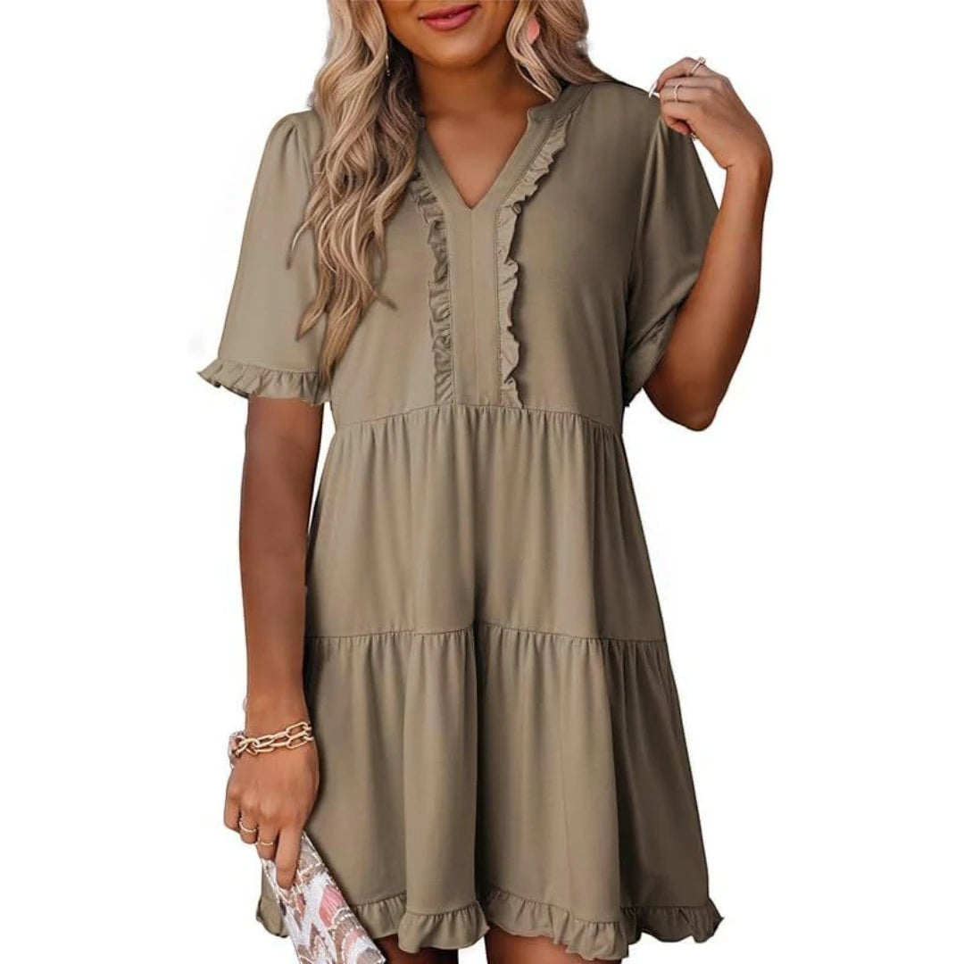 Women's Casual Mini  Summer Dress with V-Neck and Ruffle Trim