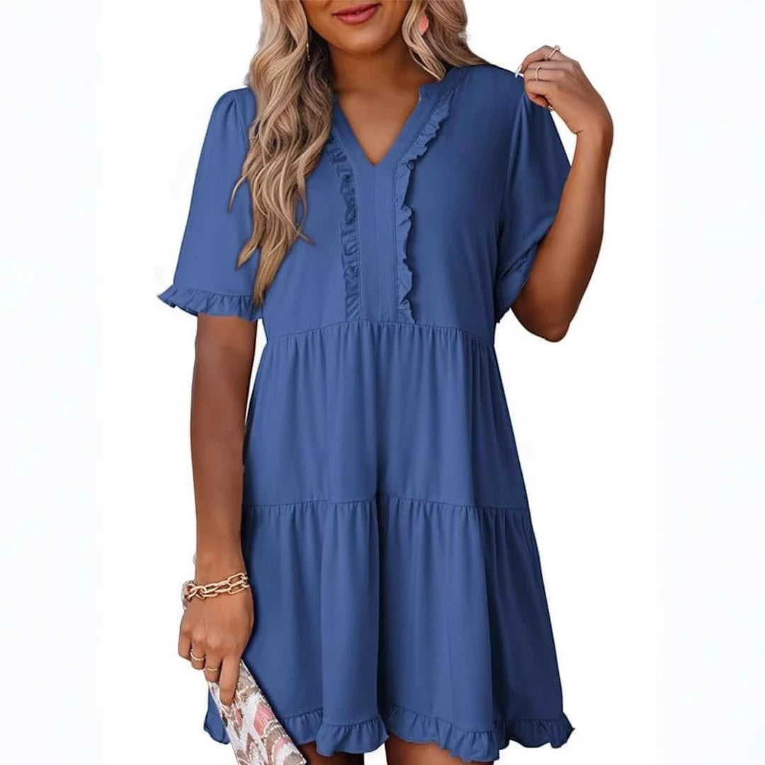 Women's Casual Mini  Summer Dress with V-Neck and Ruffle Trim