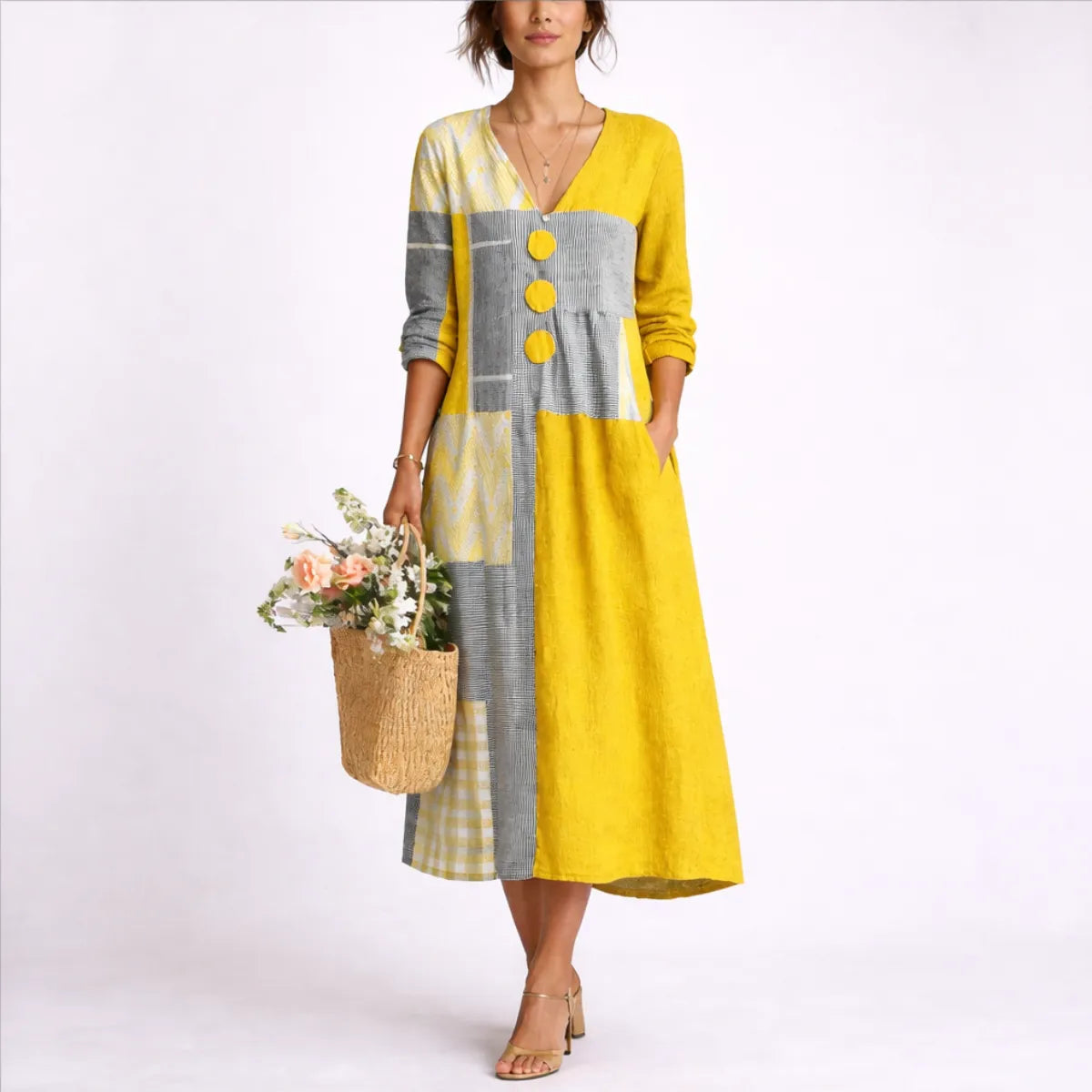 Women's Casual Plaid Midi Summer Dress with 3/4 Sleeve