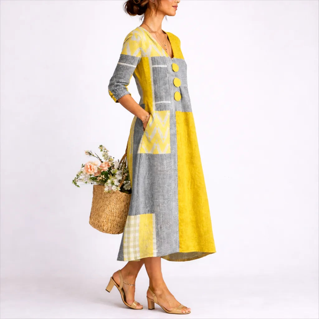 Women's Casual Plaid Midi Summer Dress with 3/4 Sleeve