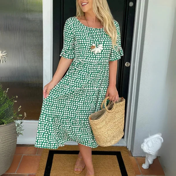 Women's Casual Polka Dot Midi Summer Dress with Tiered Detailing